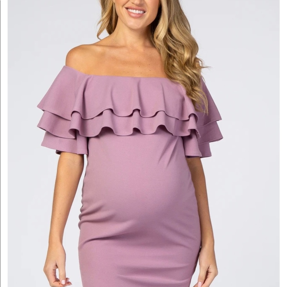 Pink blush Maternity violet layered ruffle off shoulder - Picture 3 of 6